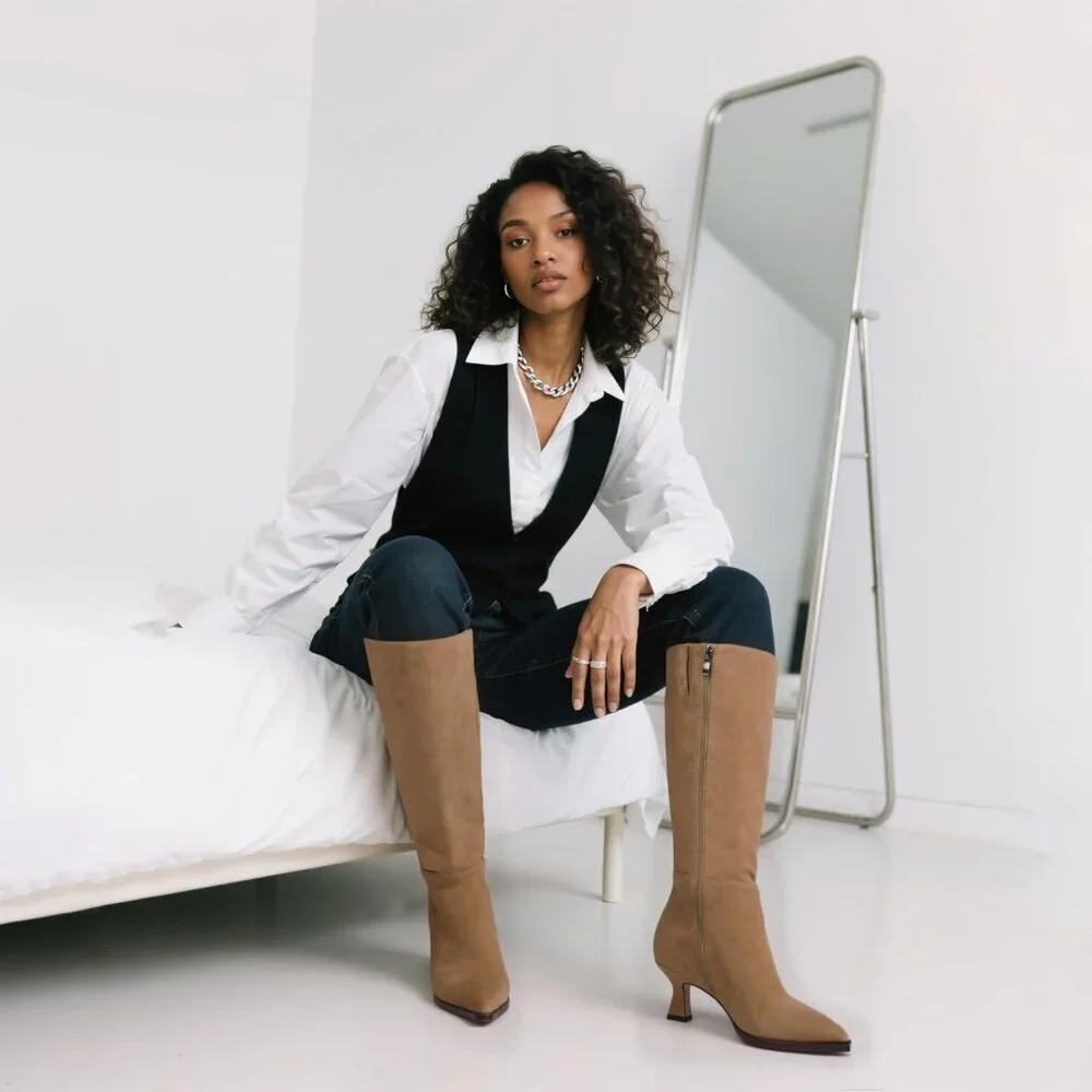 Women's Tan Suede Kitten Low Heel Toe Side Zipper Long Tall Knee High Boots